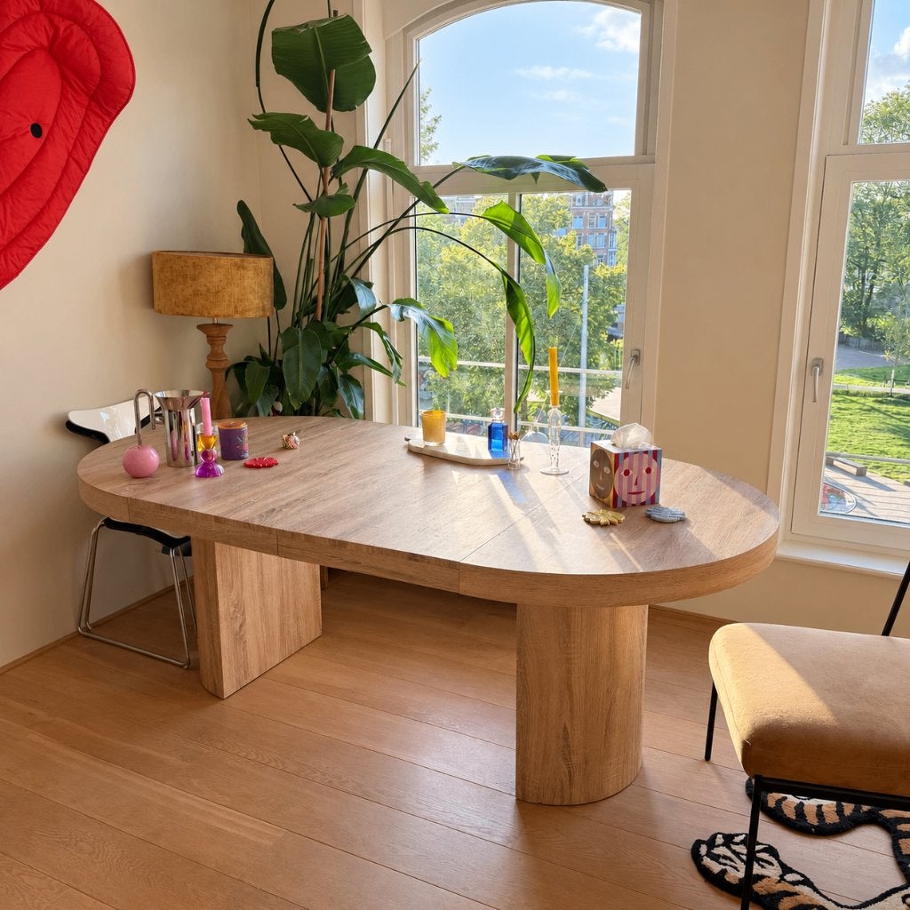 Uitschuifbare ronde eettafel – licht eiken – 110 tot 260 cm, Ophalen, Gebruikt, 100 tot 150 cm, Modern, minimalistic