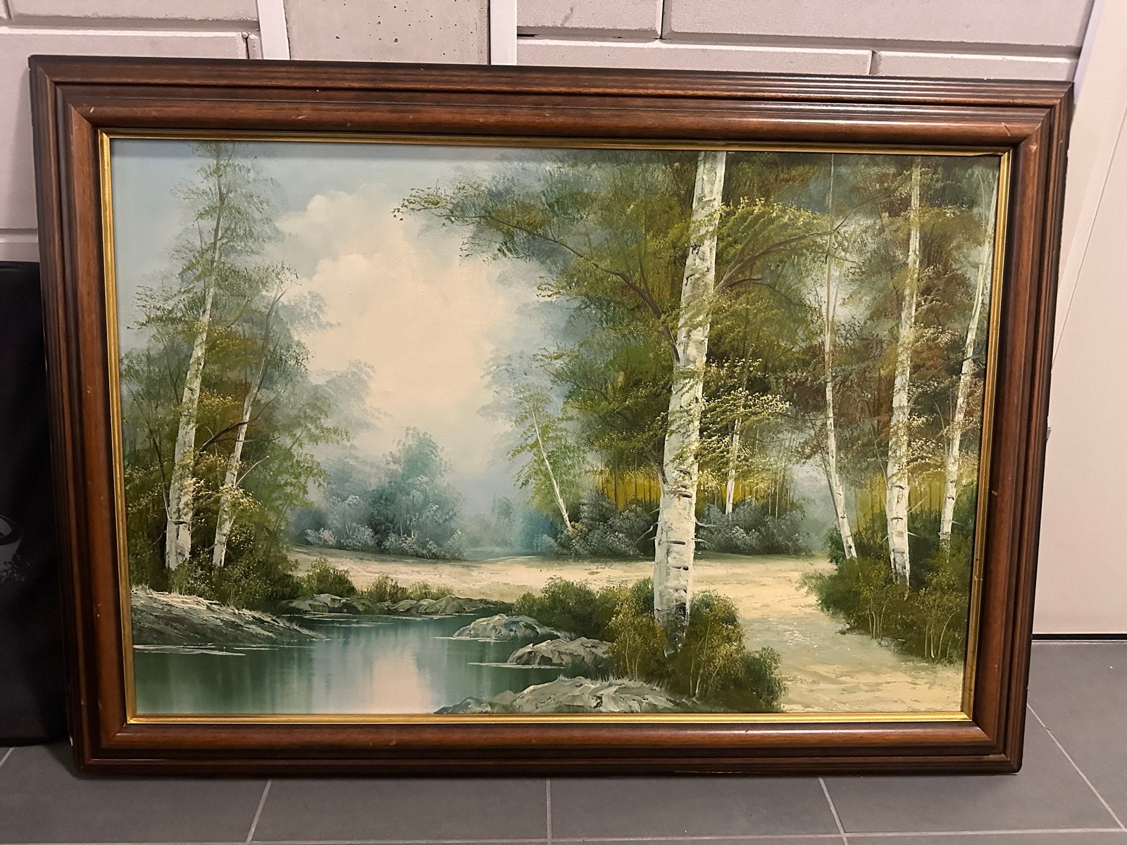 Schilderij: Boslandschap met water en berkenbomen, Antiek en Kunst, Ophalen, Doek, Realistisch, Landschap