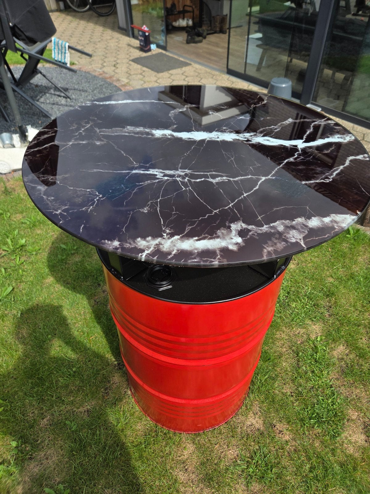 Statafel van olievat met rond glazen blad - 112,5 cmx80cm, Ophalen, Nieuw