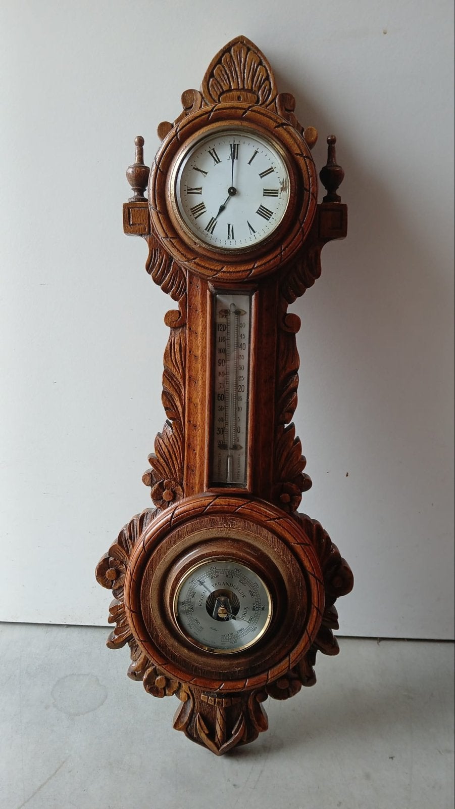 Antieke houten weerstation met klok, barometer, thermometer, Ophalen