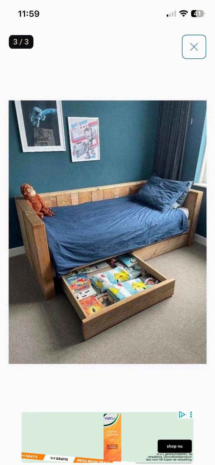Stoer steigerhouten eenpersoons bed, Ophalen, 85 tot 100 cm, Gebruikt, Lattenbodem
