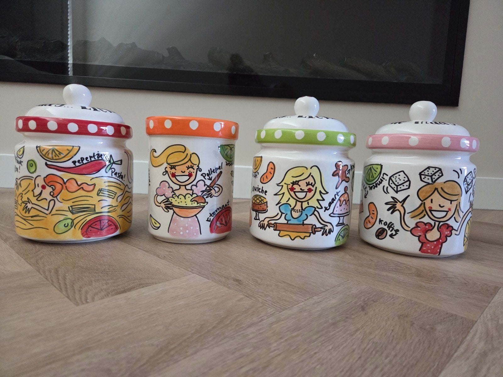 Set van 4 blond amsterdam voorraadpotten met deksel, Gebruikt, Ophalen of Verzenden, Voorraadpot, Steen/keramiek