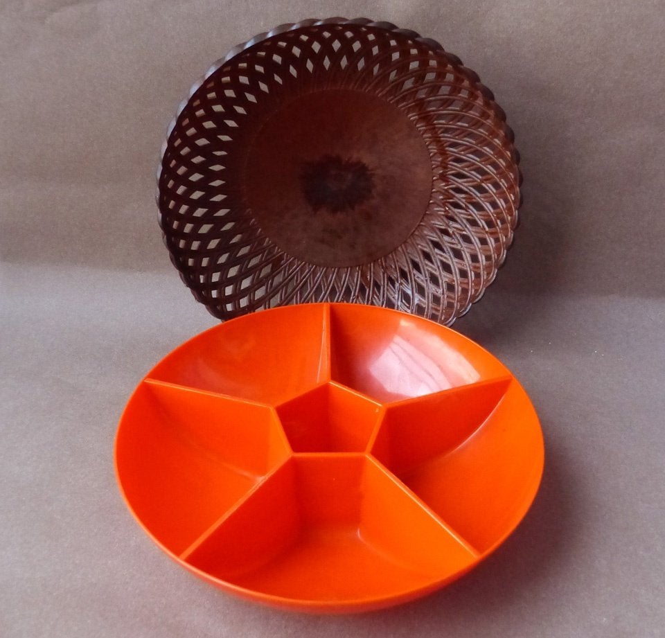 Emsa vintage snackschaal oranje en broodmand Germany, Kunststof, Gebruikt, Gevlochten, Schaal