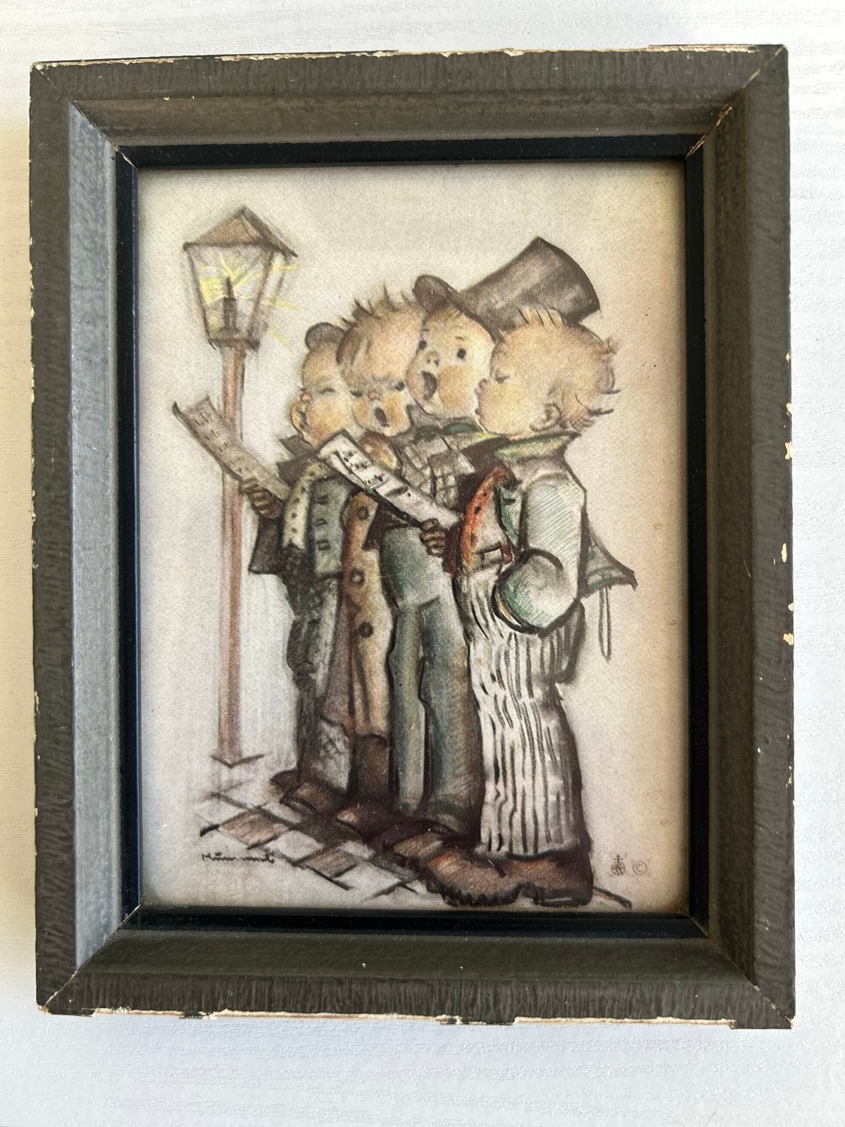 Vintage Hummel Stijl Prent - Kerstliederen Zangers 16x12cm, Minder dan 50 cm, Gebruikt, Ophalen of Verzenden, Print
