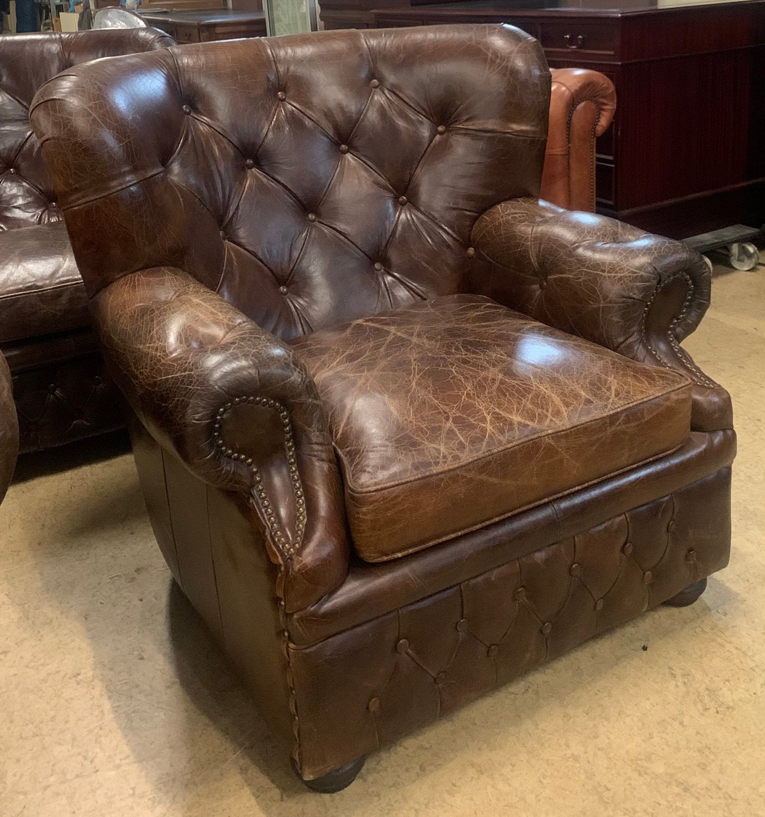 Prachtige Chesterfield Fauteuil Vintage Cigar., Gebruikt, 100 tot 125 cm, Chesterfield, Leer