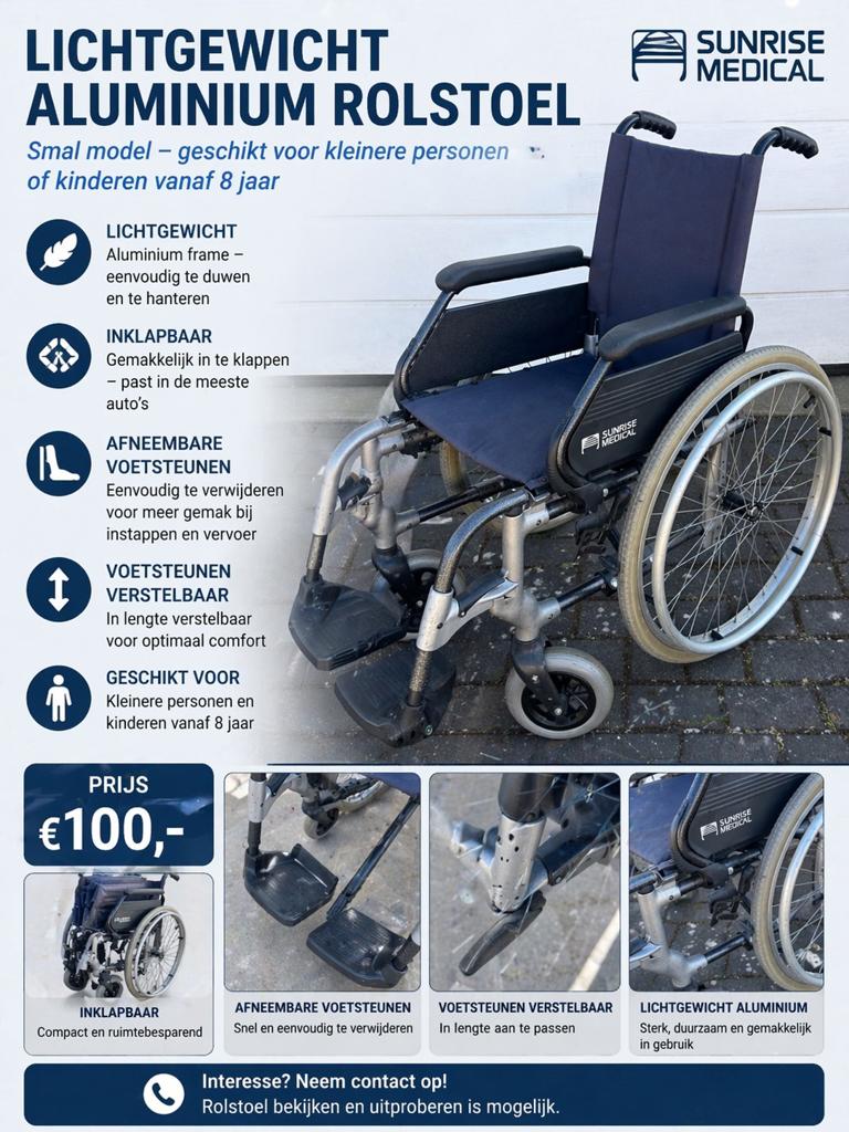 Rolstoel smal model , ultralight , inklapbaar ., Gebruikt, Nederland, Handbewogen rolstoel, Sunrise Medical
