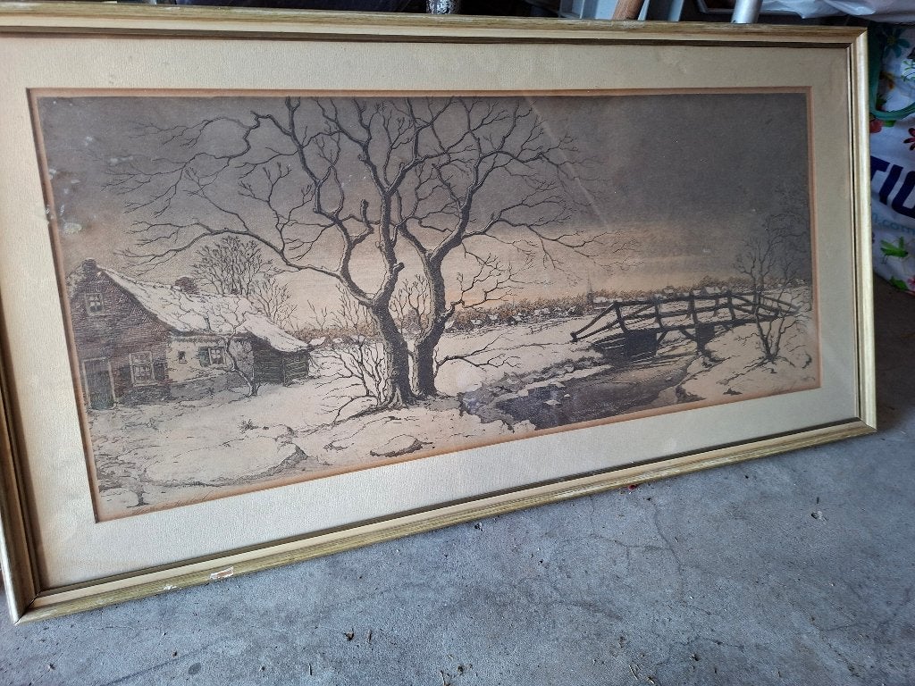 Schilderij  - besneeuwd landschap, Antiek en Kunst, Ophalen, Doek, Landschap, Olieverf