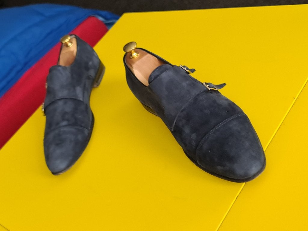 Santoni suede schoenen met 2  gesp en blauwe kleur maat 9, Blauw, Ophalen of Verzenden, Santoni, Gespschoenen