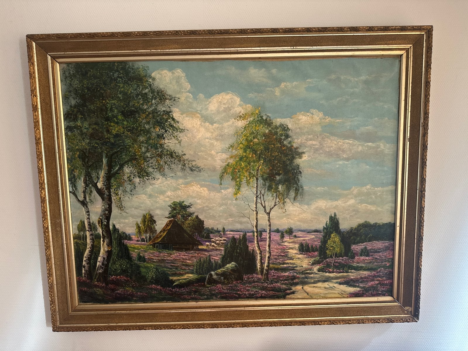 Schilderij: Heide Landschap met Boerderij en Bomen, Antiek en Kunst, Kunst | Schilderijen | Klassiek, Landschap, Realistisch, Olieverf