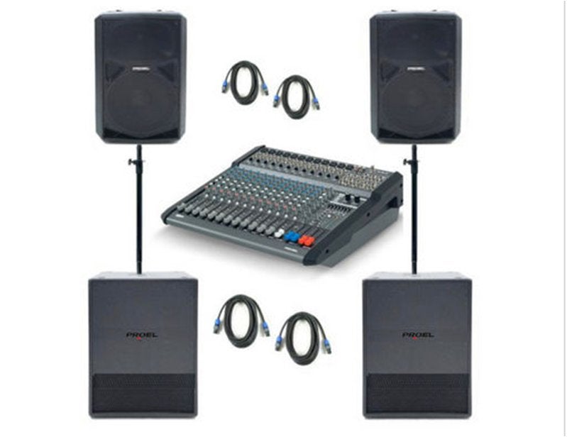 Proel powered 12 kanaals mixer met 4 speaker units en kabels, Muziek en Instrumenten, Mengpanelen, Ophalen, Gebruikt, 10 tot 20 kanalen