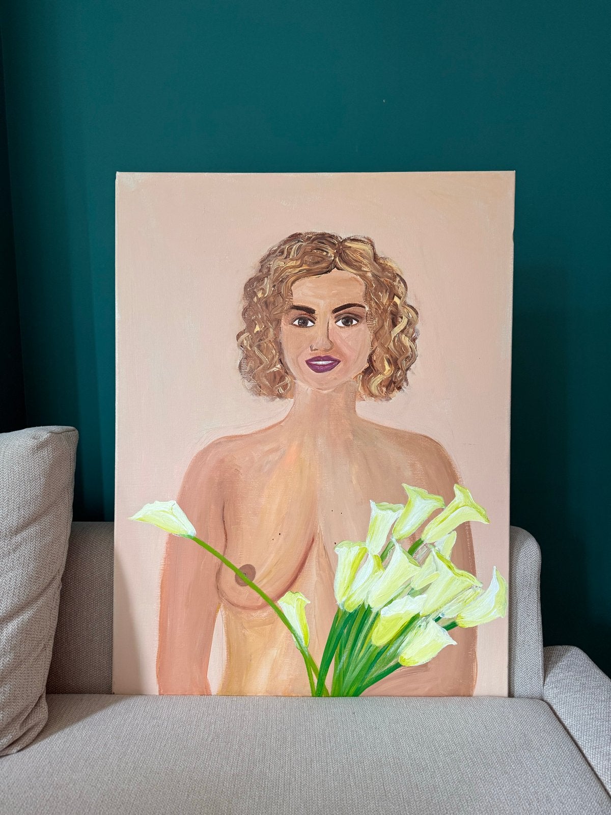 Vrouw met bloemen - Acrylverf op doek 80x60 cm, Antiek en Kunst, Ophalen, Acrylverf, Handgeschilderd, Portret