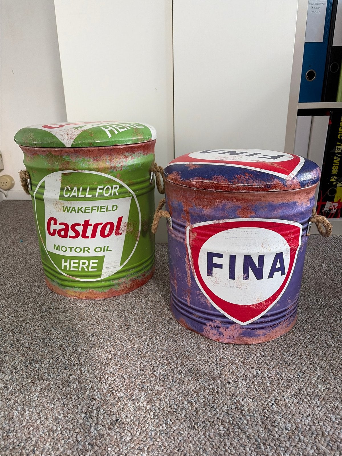 Vintage olievat krukken/opbergtonnen - Castrol & Fina, Ophalen, Vintage, Gebruikt, Meerkleurig