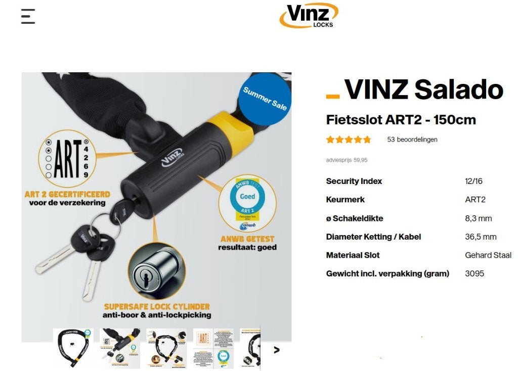 Vinz Locks kettingslot  fietsslot  Totale lengte +/- 130 cm., Fietsen en Brommers, Ophalen, Nieuw, Kettingslot
