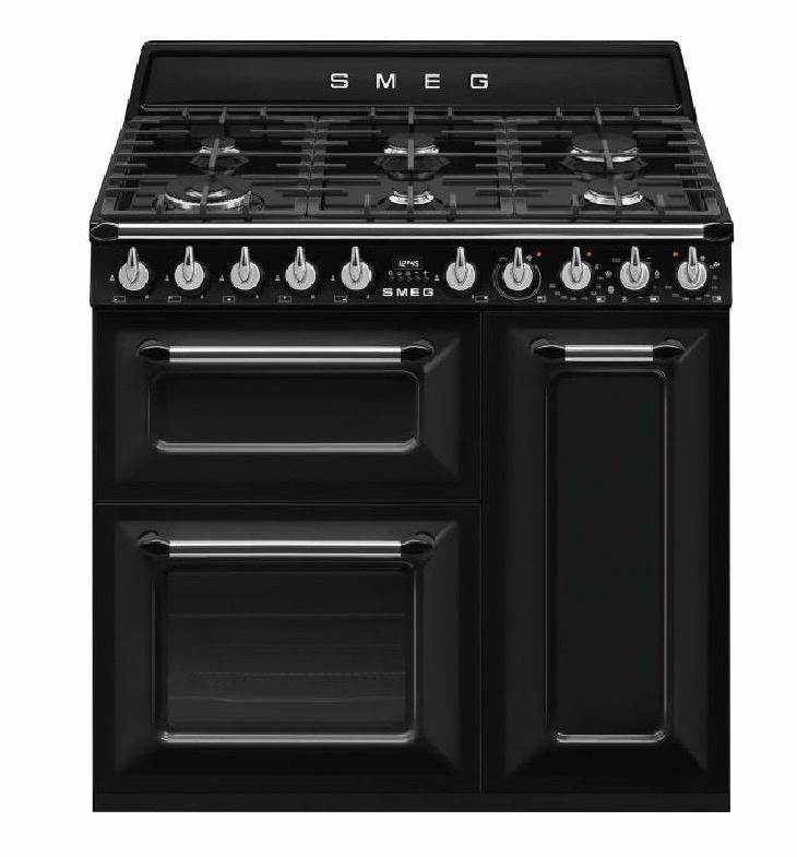 Luxe Smeg 6-pits gasfornuis met 3 ovens en afzuigkap - Zwart, Witgoed en Apparatuur, Fornuizen, Ophalen, 60 cm of meer, Grill