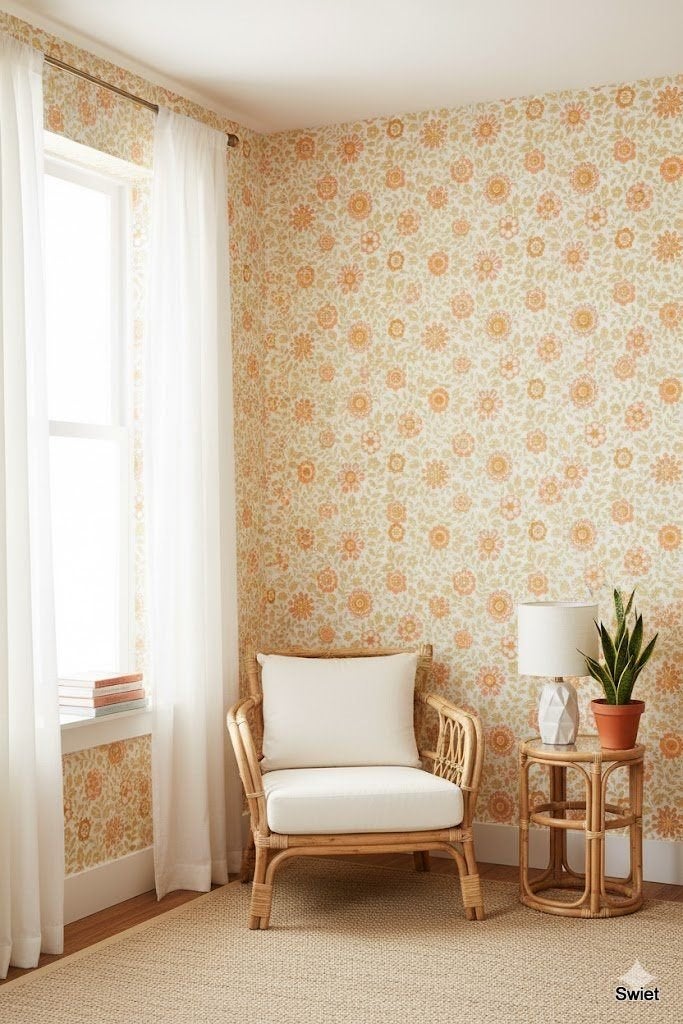 6684 vintage bloemenbehang oranje en zandtint swiet, Huis en Inrichting, Stoffering | Behang, Ophalen of Verzenden, Oranje