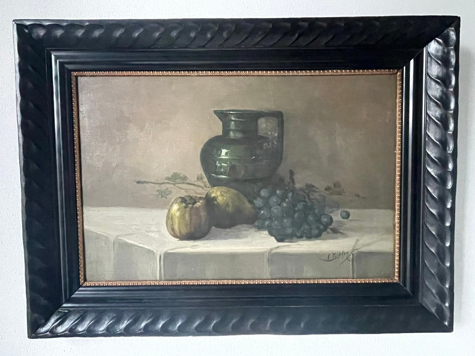 Olieverfschilderij stilleven met fruit, groene kruik, patina, Ophalen of Verzenden, Klassiek, Olieverf, Stilleven