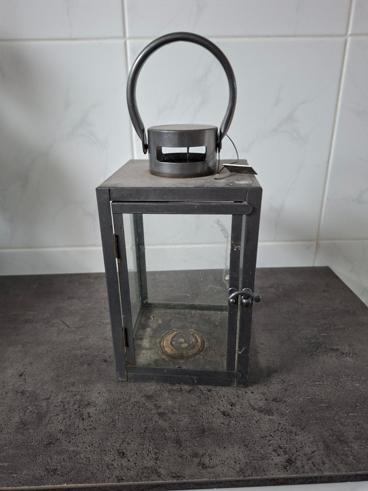 Vintage metal lantaarn met glazen panelen, Ophalen, Vintage, Metaal, Gebruikt