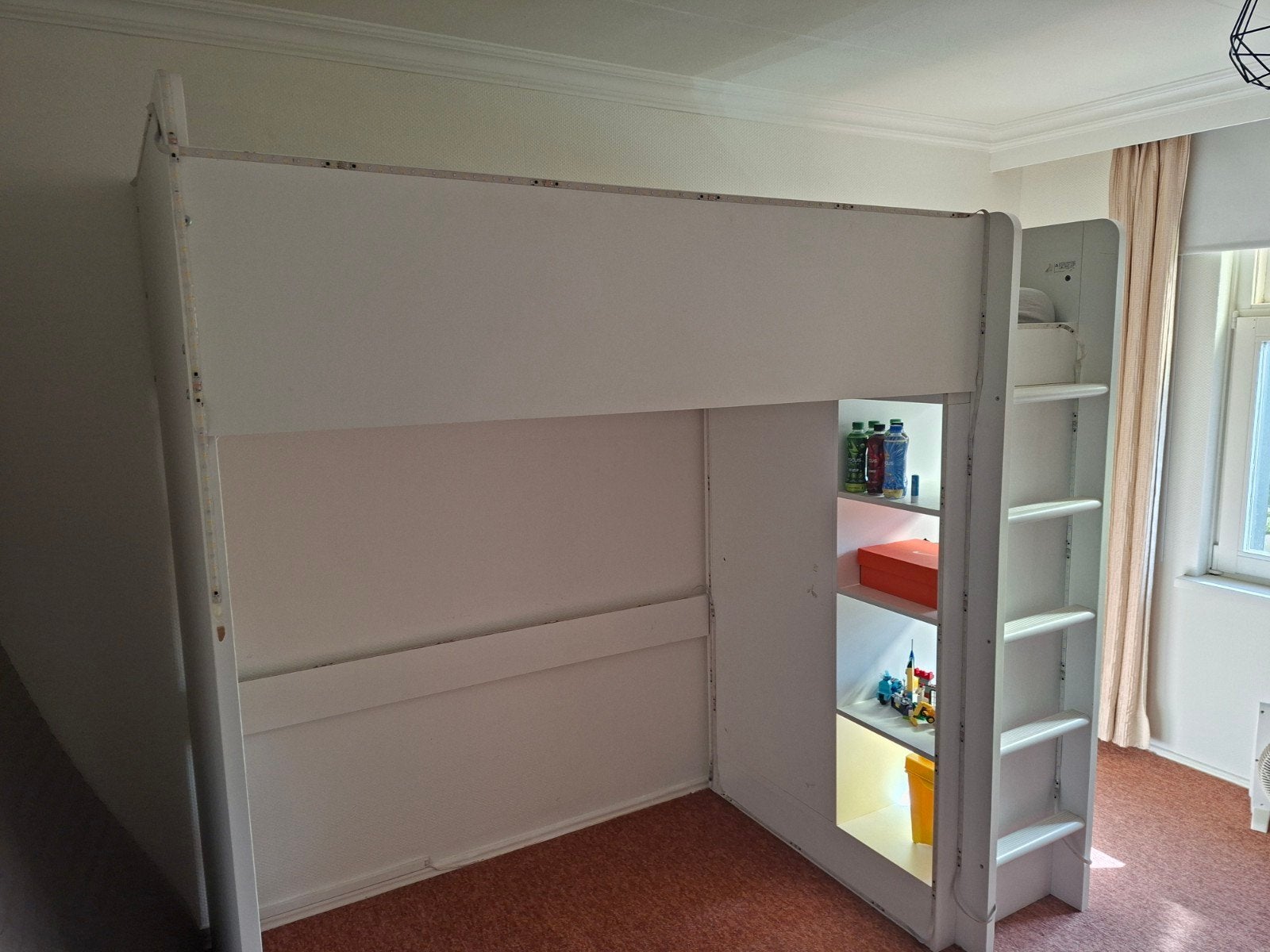 smastad Hoogslaper met kast en planken - Wit/Houtkleur, Ophalen, Gebruikt, Eenpersoons, 200 cm