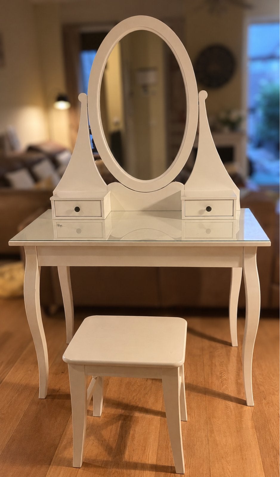 Ikea witte kaptafel met spiegel en krukje, Ophalen, Gebruikt, 100 tot 150 cm, 50 tot 100 cm