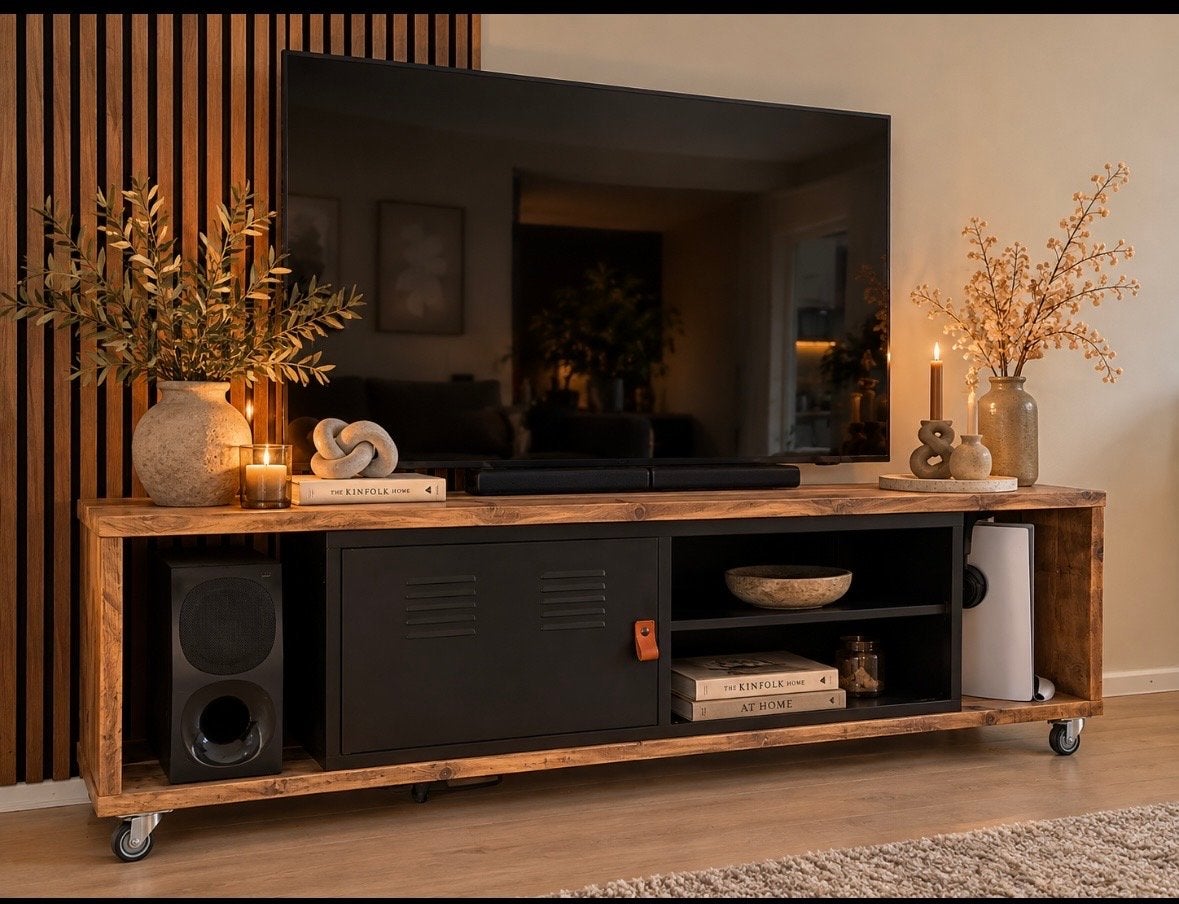 Industriële TV-kast met opbergruimte en wielen 195 cm, 150 tot 200 cm, Ophalen of Verzenden, Zo goed als nieuw, Minder dan 100 cm