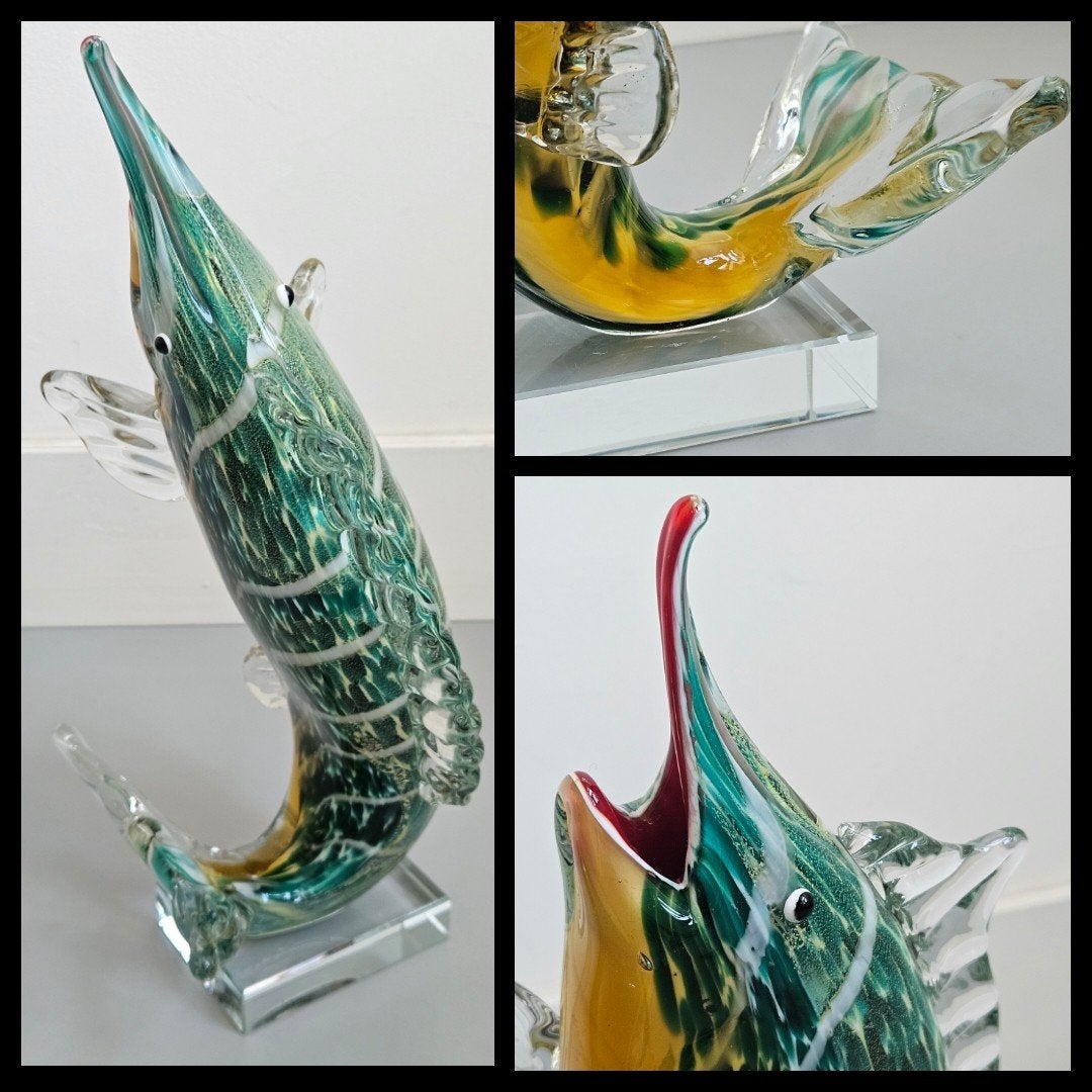 Murano stijl glazen sculptuur van een zeilvis 30 cm. Gaaf, Ophalen of Verzenden