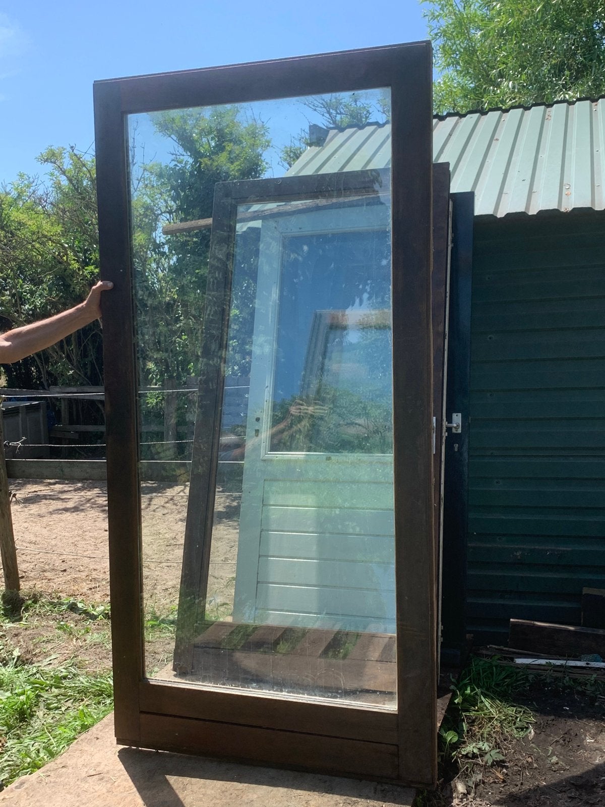 Te koop Meranti schuifpui, Ophalen, Gebruikt, 225 cm of meer, Inclusief glas