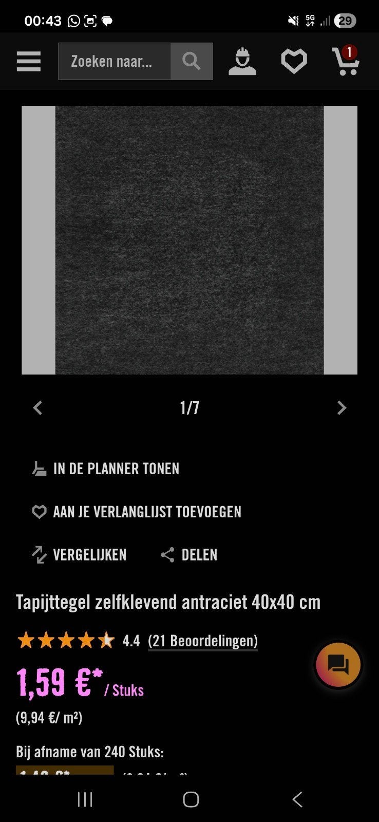 Tapijttegels zelfklevend antraciet 40x40 cm - Hornbach, Ophalen, Nieuw, Vierkant, Minder dan 50 cm