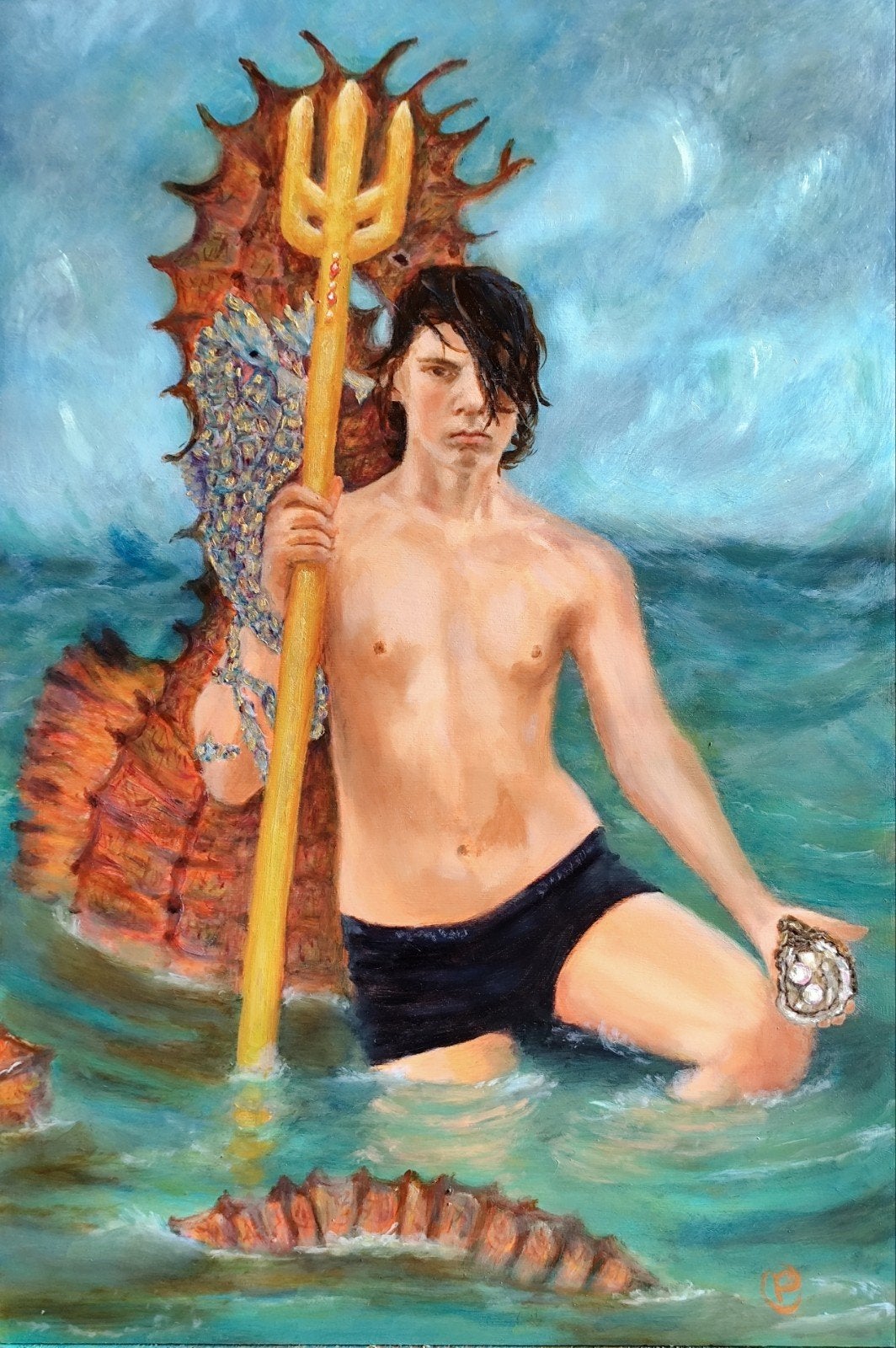 The gift of Poseidon and his horses, Antiek en Kunst, Paneel, Realistisch, Ophalen of Verzenden, Olieverf