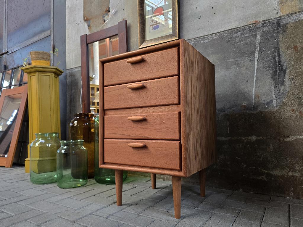 Mid Century Design Ladekast Teak | Vintage Jaren 70 Dressoir, Gebruikt, 3 of 4 laden, Minder dan 100 cm, Grenenhout