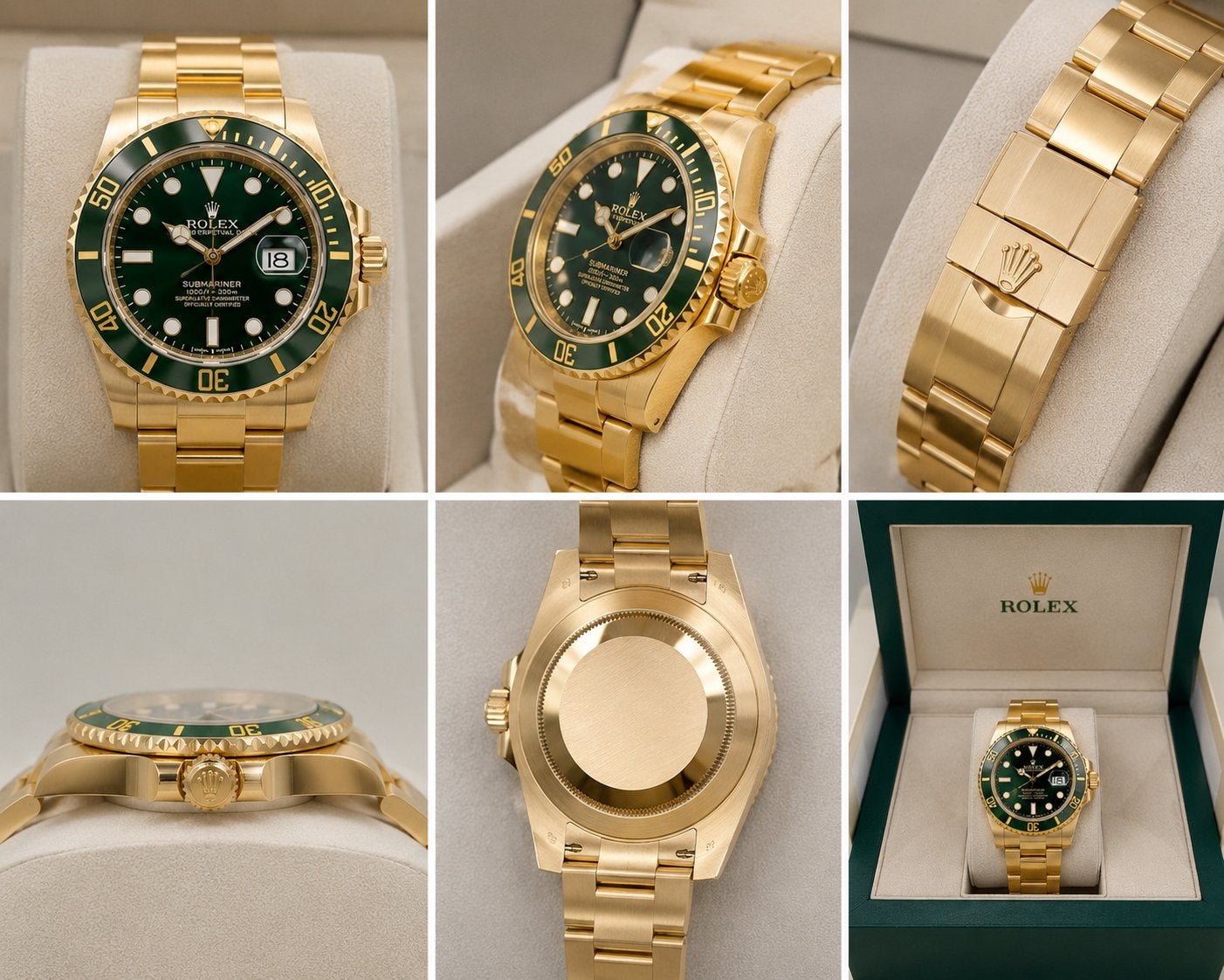 Rolex Submariner Goud Groen Horloge met Doos en Papieren, Rolex, Polshorloge, Ophalen of Verzenden, Zo goed als nieuw
