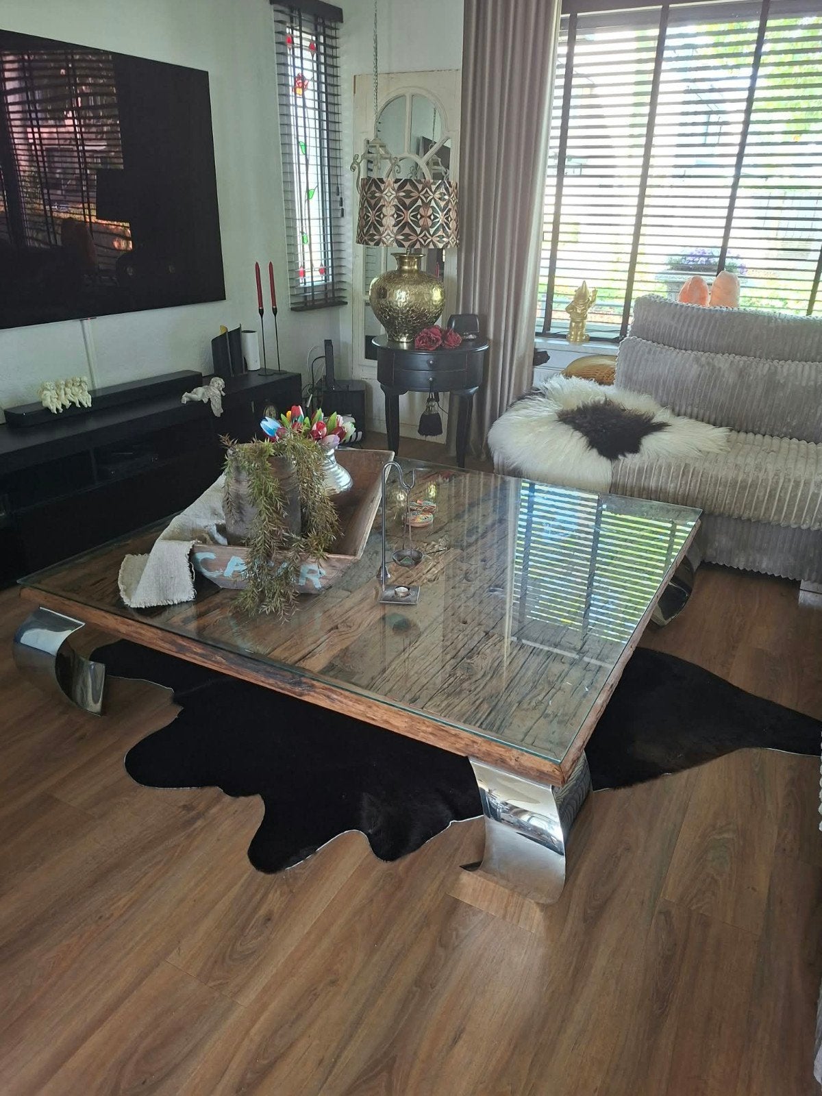 Salontafel met glasplaat en zilveren poten 150x150 cm, Ophalen of Verzenden