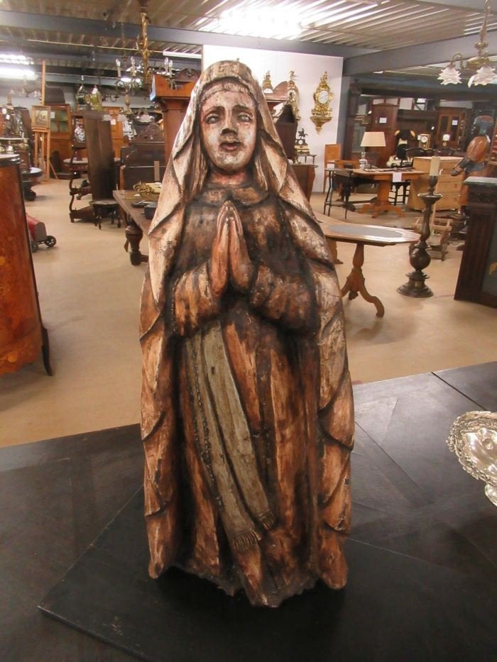 Oer 11123 antiek houten Madonna met oude patina, Ophalen