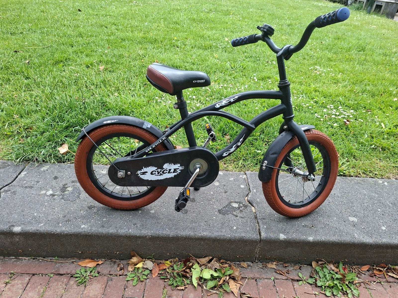 14 inch kinderfiets met zijwielen en terugtraprem, Terugtraprem, Zijwieltjes, Gebruikt, Minder dan 16 inch