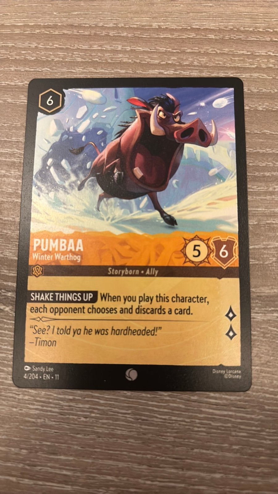 Disney Lorcana Pumba winter warthog 4-204 11WSP nonfoil, Ophalen of Verzenden, Zo goed als nieuw, Losse kaart