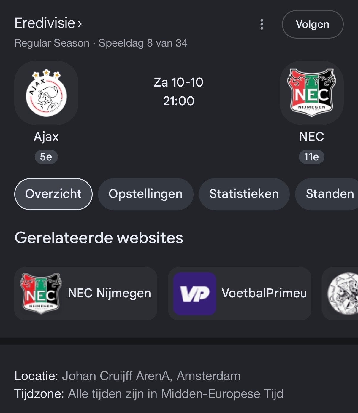 Ajax - NEC 2 tickets naast elkaar Vak114- Rij 7, Losse kaart, Twee personen, Oktober