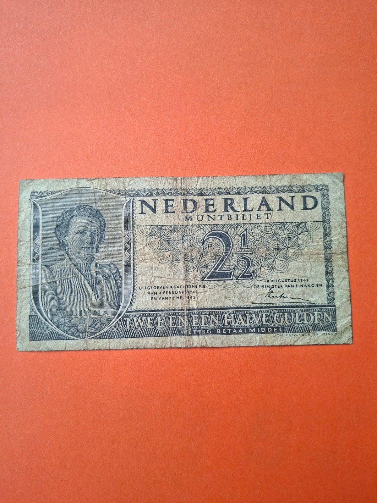 2,5 gulden Juliana uit 1949 in ZF-
Serie nummer 4 TY 085741, Ophalen of Verzenden, 2½ gulden, Los biljet