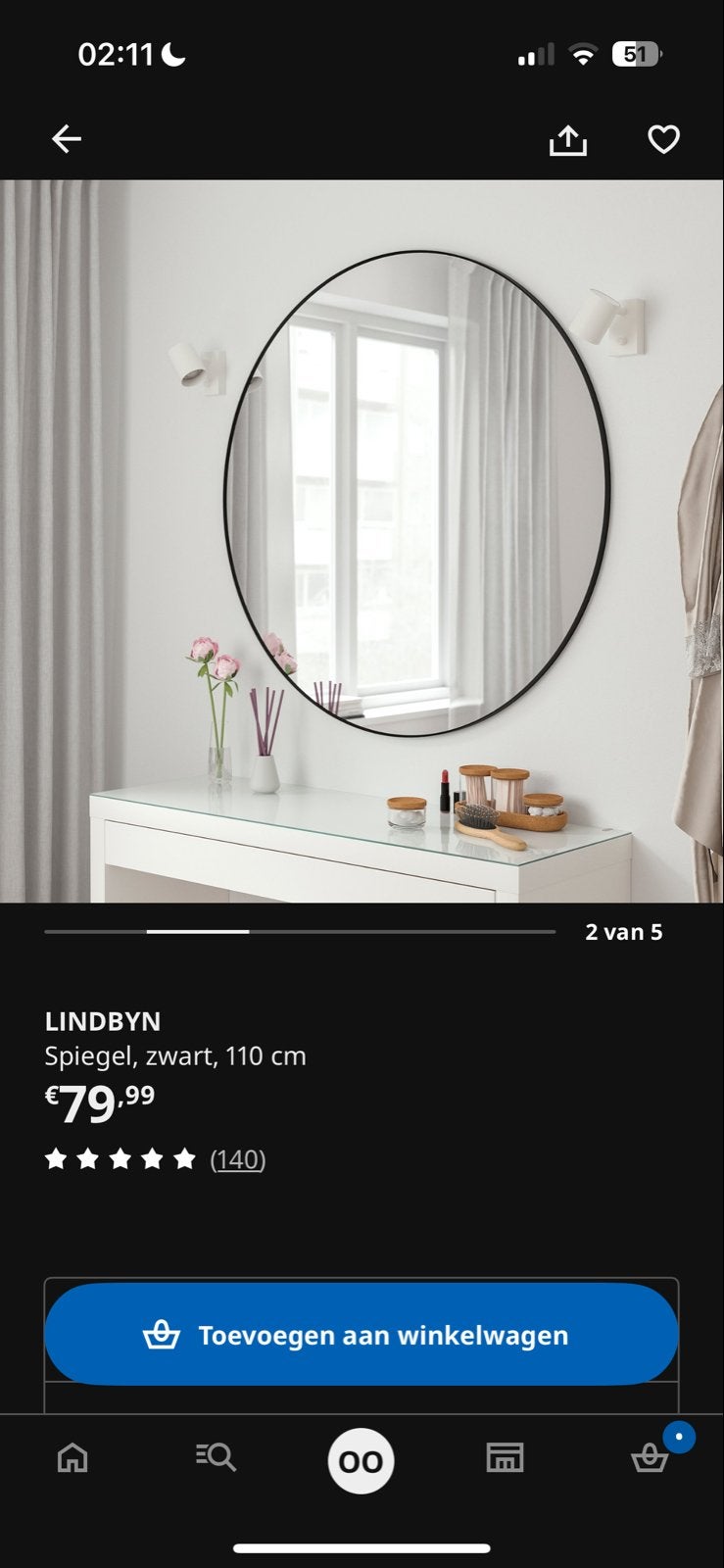 IKEA LINDBYN Spiegel, zwart, 110 cm, Ophalen, 100 tot 150 cm, Rond, Zo goed als nieuw