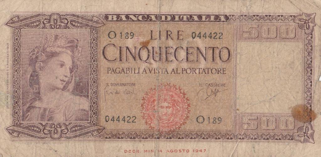 500 Lire 1947 Italië, Postzegels en Munten, Bankbiljetten | Europa | Niet-Eurobiljetten, Ophalen of Verzenden, Italië, Los biljet