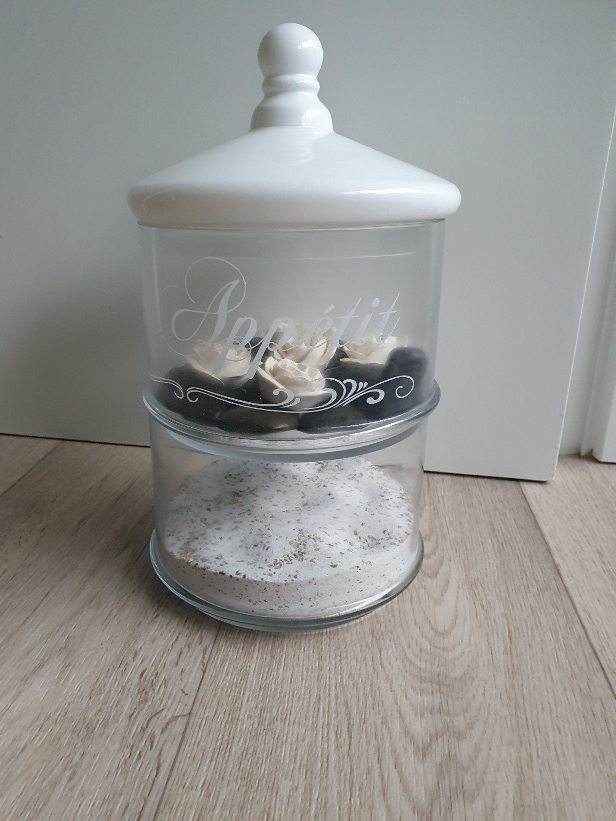Glazen Voorraadpot 2 Lagen met Witte Deksel, Glas, Ophalen of Verzenden, Zo goed als nieuw, Voorraadpot