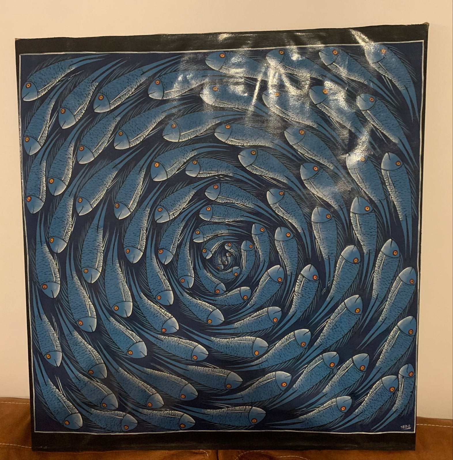 Olieverfschilderij Tinga Tinga Escher Fish - Tedo Tanzania, Ophalen, Schilderij, Overige materialen, 71 cm