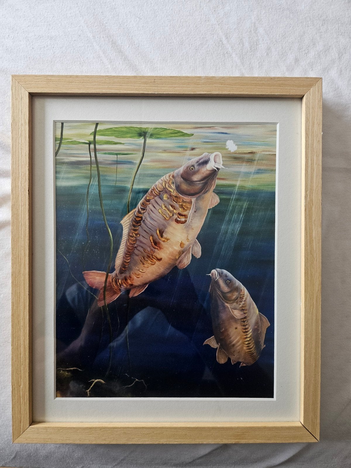 Schilderij met karpers en waterlelies in lijst, Antiek en Kunst, Ophalen of Verzenden