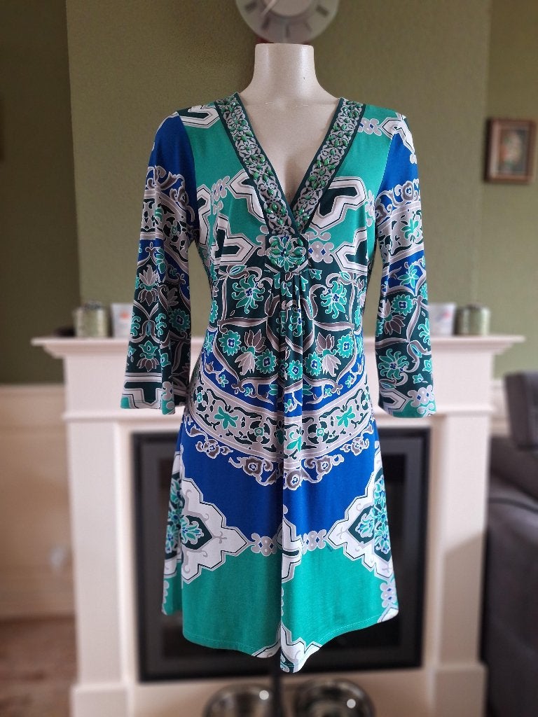 Hale Bob schitterende groen blauw grijs jurk M 38, Maat 38/40 (M), Zo goed als nieuw, Knielengte, Hale Bob