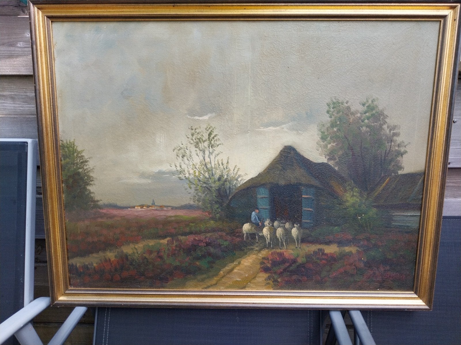 Olieverfschilderij Herder met schapen bij de schaapskooi.., Ophalen