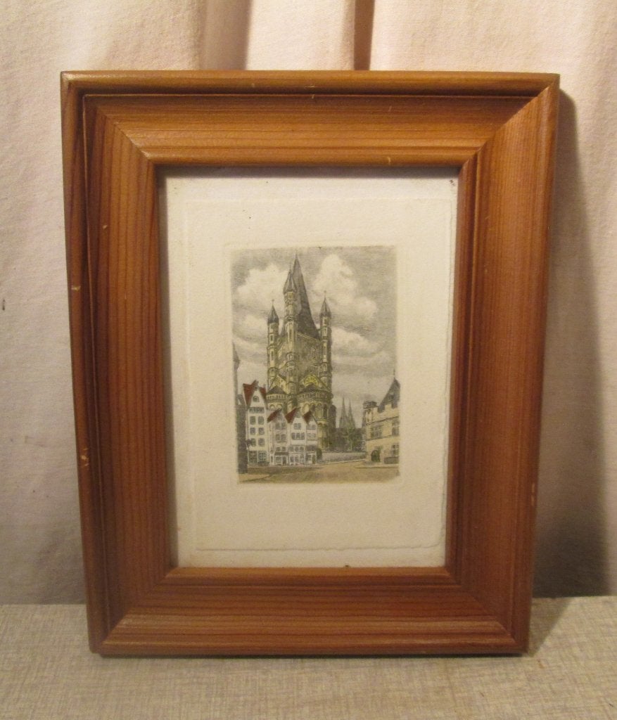 Mooi Oude Gekleurde Ets 'Kathedraal en Plein' - 24x19, Antiek en Kunst, Ophalen of Verzenden, Stadsgezicht, Ets, Ingelijst