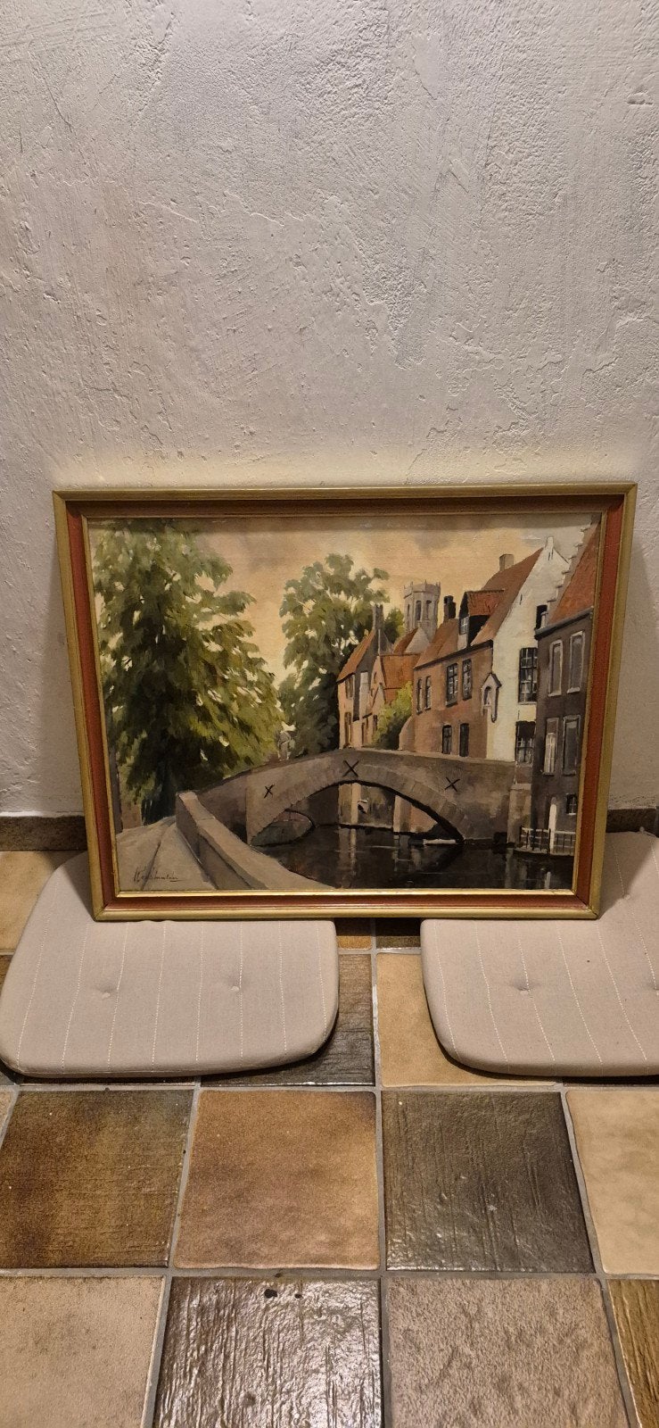 Olieverfschilderij Brugge Stadsgezicht Gesigneerd, Antiek en Kunst, Ophalen, Doek, Realistisch, Stads- / dorpsgezicht