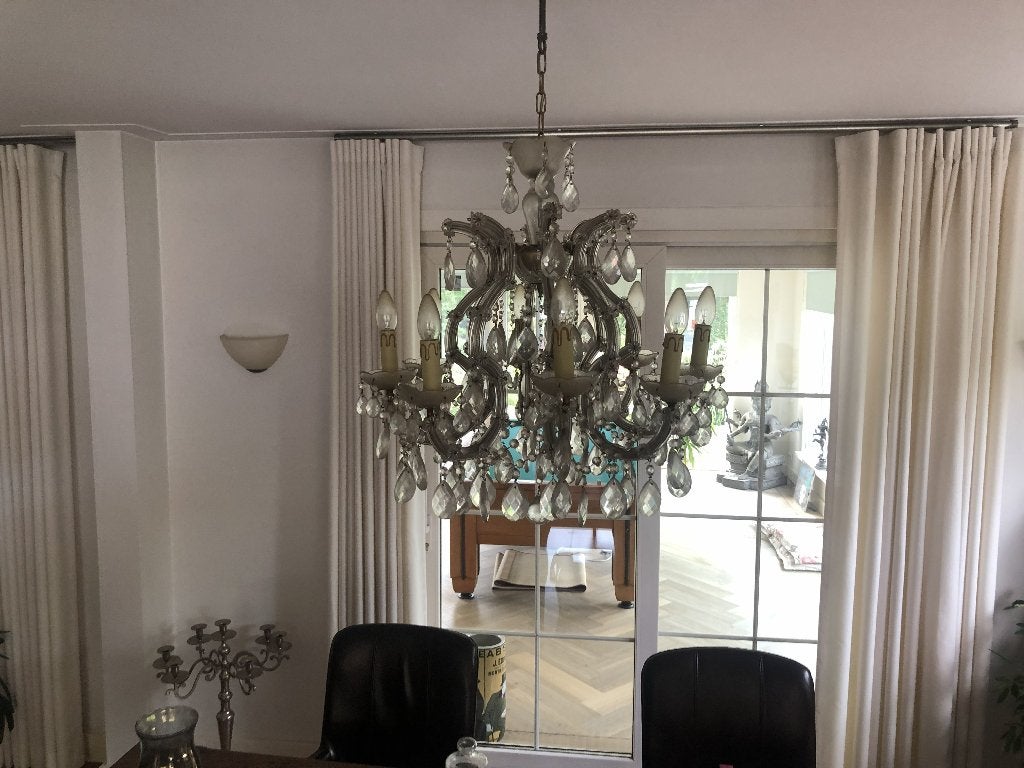 Twee achtlichts glazen hangkronen met kristallen pegels, Ophalen, Gebruikt, Overige fittingen, Glas