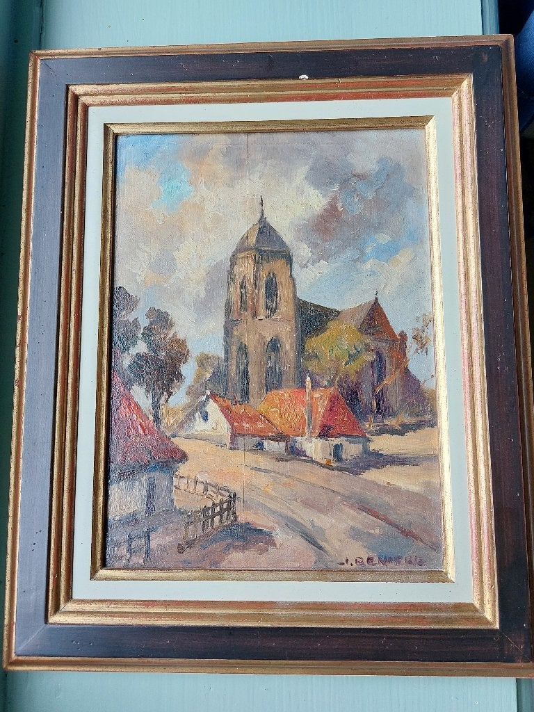 Schilderij Jan Benneke uit Laren (NH) met kerk, Antiek en Kunst, Ophalen, Olieverf, Stads- / dorpsgezicht, Paneel