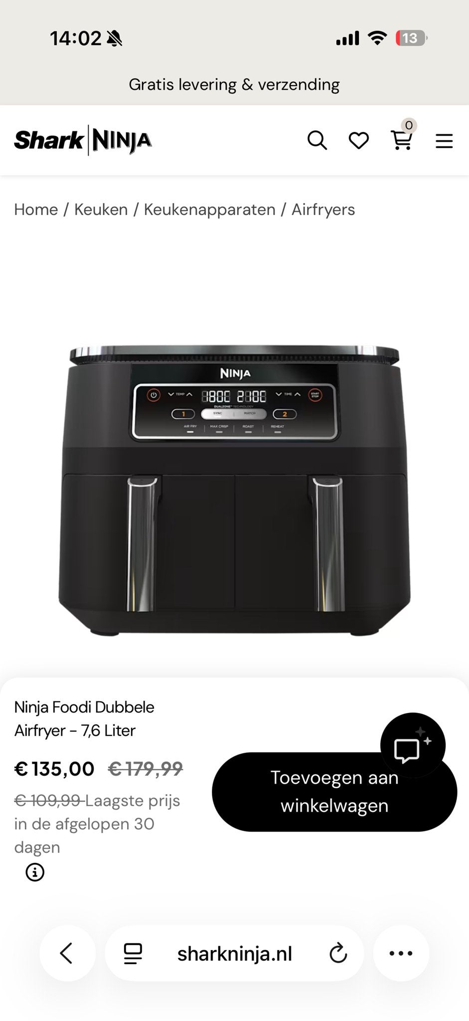Ninja Foodi Dubbele Airfryer - Rechter mand defect, Ophalen, Nieuw, Airfryer, 1500 gram of meer