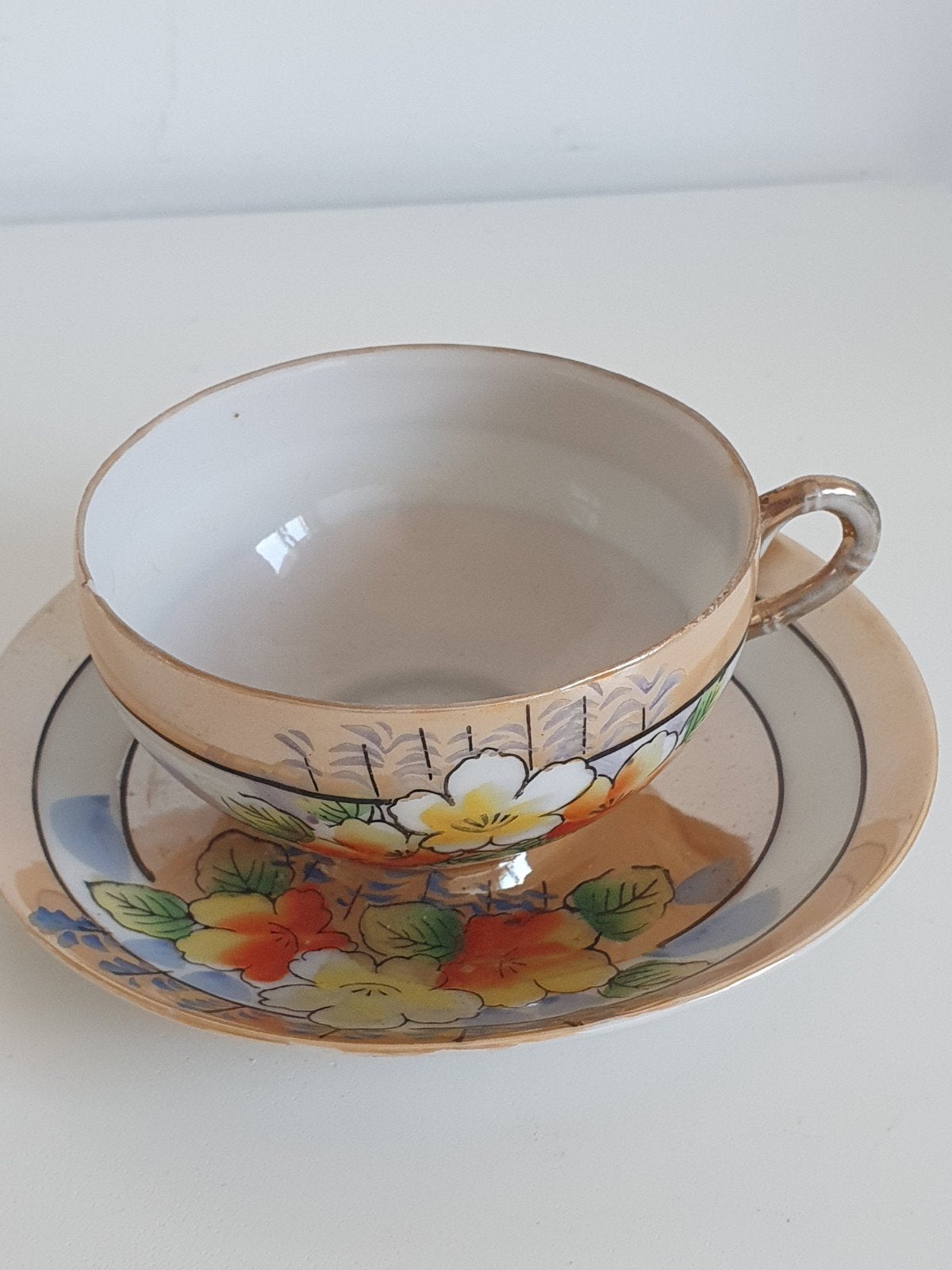 vintage kop&schotel,porcelein,handbeschilderde bloemmotief, Antiek en Kunst, Ophalen of Verzenden