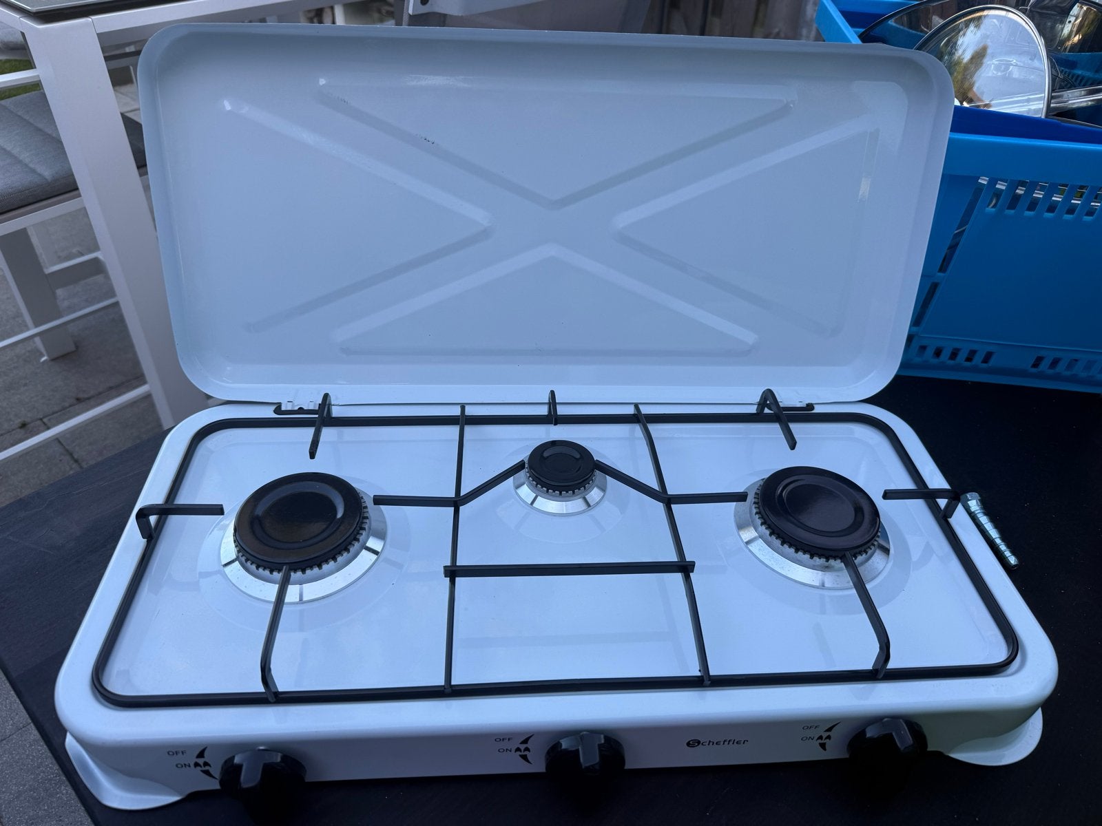 Scheffler 3-pits gasfornuis - Compact en krachtig, Caravans en Kamperen, Kampeeraccessoires, Zo goed als nieuw, Verzenden